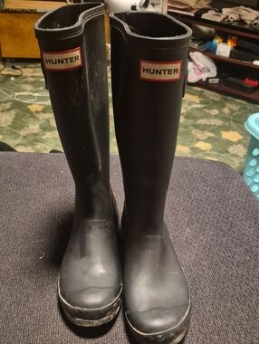 Hunter Black Tall Rain Boots with Red-Trim Logo